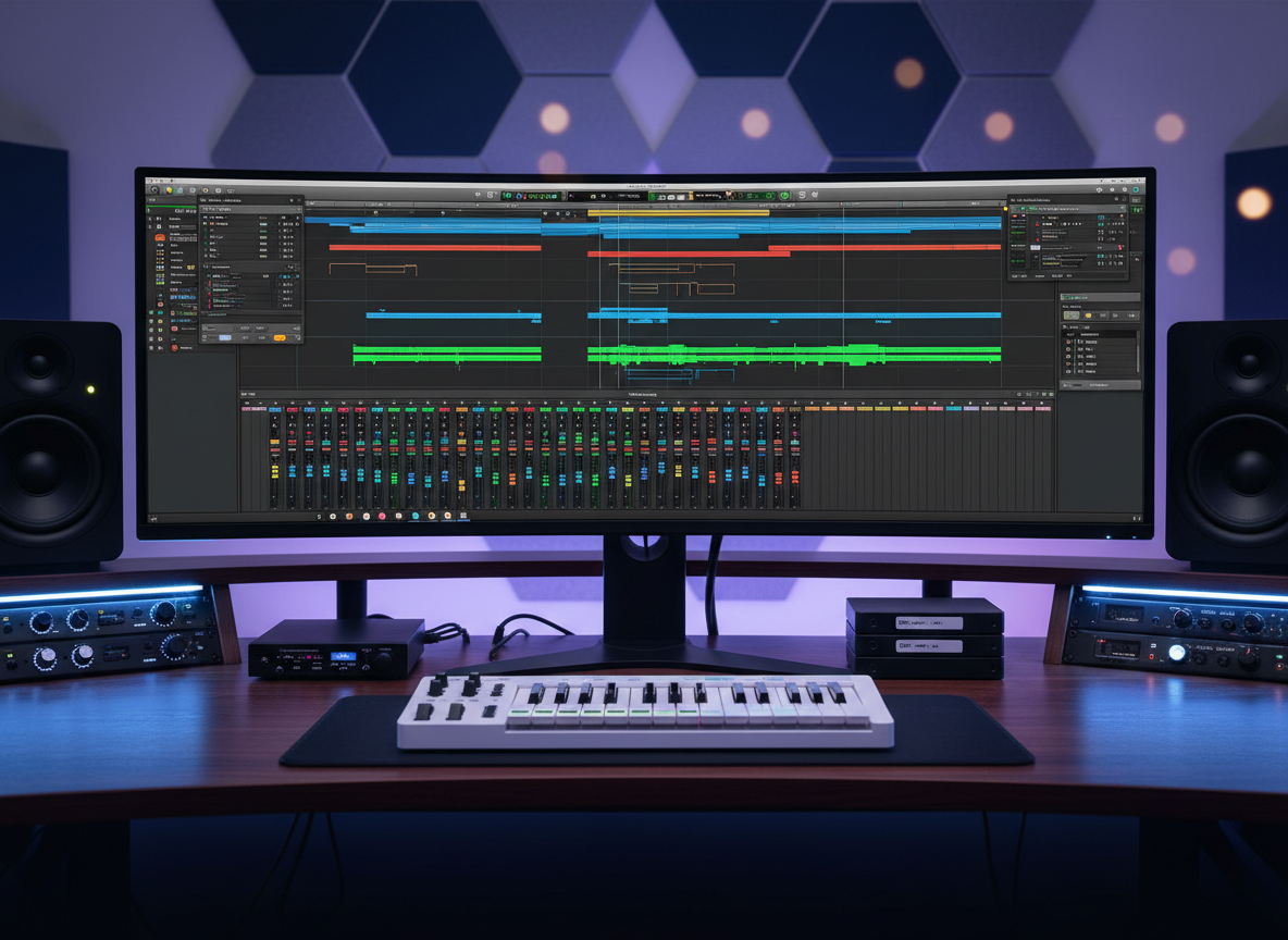 A sleek, modern digital audio workstation interface displayed across a high‑resolution, ultra‑wide monitor on a dark wood studio desk. Colorful track waveforms, mixer faders, and plugin windows are sharply in focus, suggesting complex music production work and technical expertise. Surrounding the screen, studio monitors, a compact MIDI keyboard, and neatly labeled external drives hint at organized project management and academic-level music industry training. Soft, cool-toned studio lighting creates gentle reflections on brushed metal surfaces, while the background fades into a tasteful bokeh of acoustic panels. Photographic realism, shot at eye level with a shallow depth of field, conveys a professional, private working environment suited for serious portfolio review and academic applications.