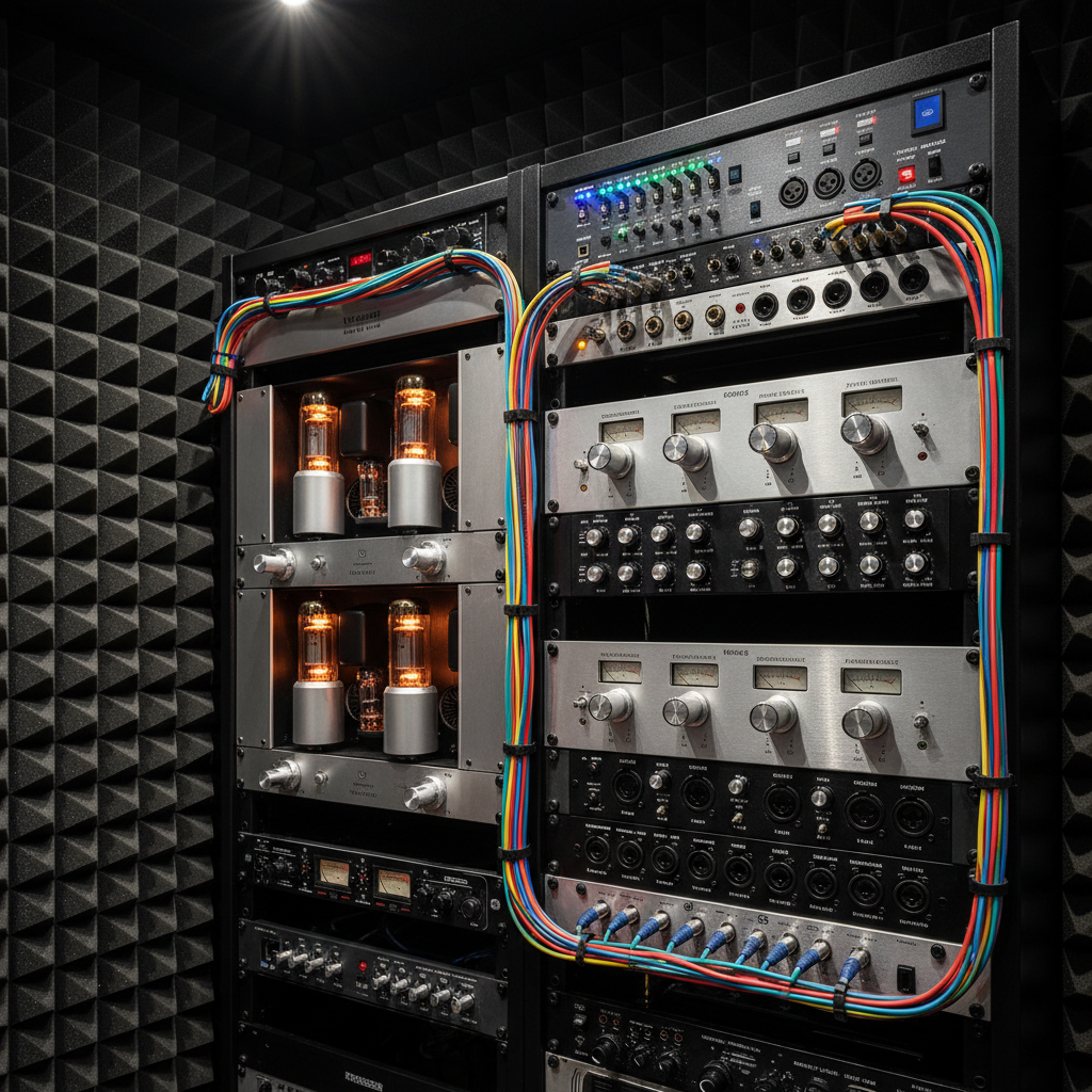An immaculate rack of professional audio equipment in a compact control room, filled with polished metal gear: preamps, compressors, audio interfaces, and a power conditioner, all with tiny LEDs glowing softly. Multicolored patch cables are routed with disciplined precision, signaling technical competence and real studio experience. The rack stands against a wall lined with charcoal-gray acoustic foam panels, with a muted, matte finish. Directional overhead lighting creates subtle highlights on knobs and switches, emphasizing texture and craftsmanship. Photographic realism, captured from a three-quarter angle with medium depth of field, creates a focused, serious atmosphere that feels confidential and industry-ready, ideal for illustrating behind-the-scenes music industry skills in a portfolio.