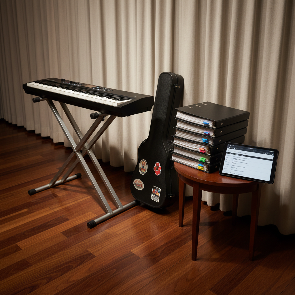 A polished, dark-wood rehearsal room corner featuring a high-end digital keyboard on a sturdy stand, a closed hard-shell instrument case, and an orderly stack of sheet music binders with colored tabs. A tablet on a small side table displays a setlist and tempo markings, symbolizing arrangement, coordination, and project planning skills in the music industry. Warm, directional ceiling lighting highlights the textures of the wood floor and metal hardware, while the far wall, covered with neutral fabric curtains, fades softly out of focus. Photographic realism, framed using the rule of thirds with moderate depth of field, creates a disciplined yet creative atmosphere suitable for a professional, application-focused portfolio that remains intentionally private and refined.