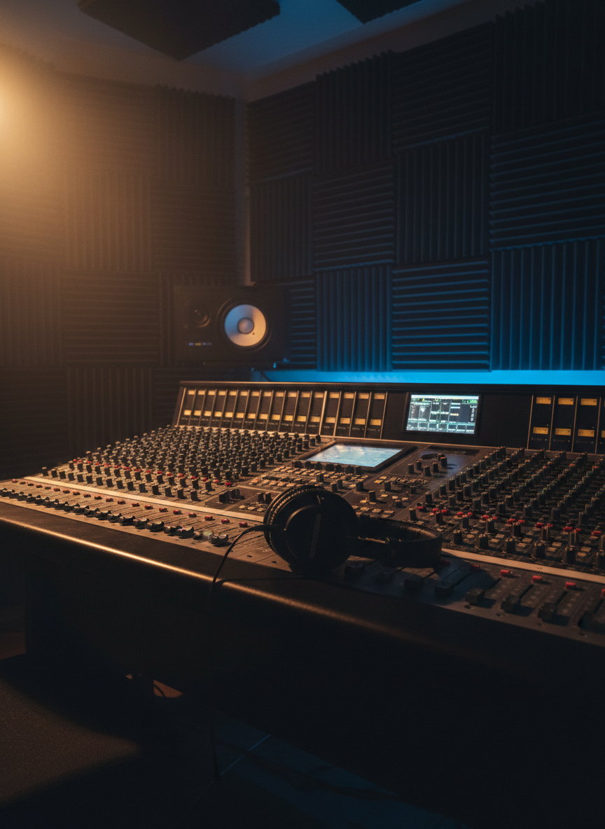 A confident, professional environmental photograph in a dimly lit recording studio: deep charcoal acoustic panels, studio headphones resting on a mixing desk, illuminated by a soft electric-blue rim light and a warm gold key light. Moody, cinematic, editorial photographic realism with a serious, ambitious atmosphere.