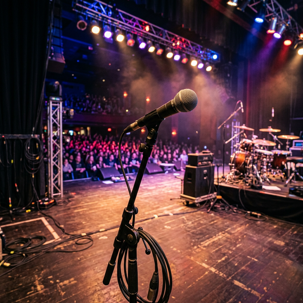 Microphone on stand on stage with musical instruments and audience