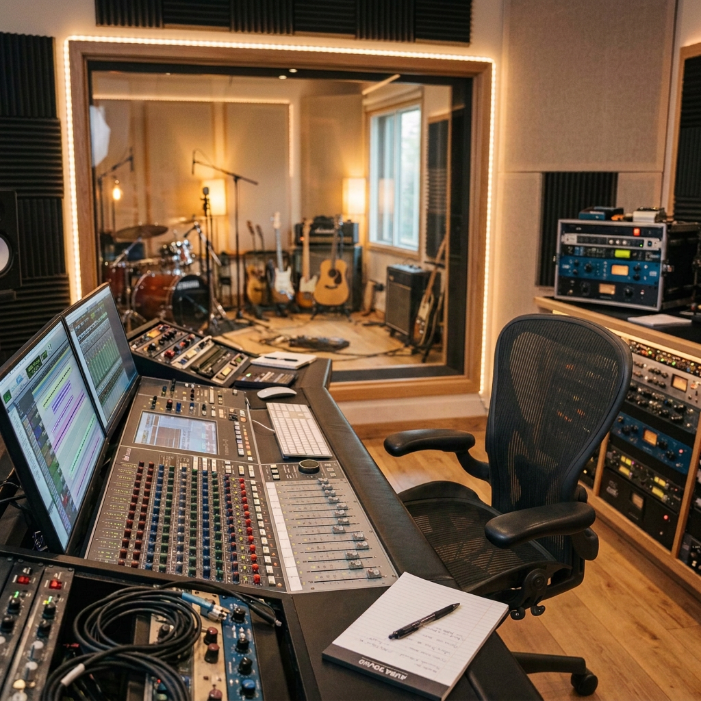 Woman operating mixing console and talking on phone in music recording studio